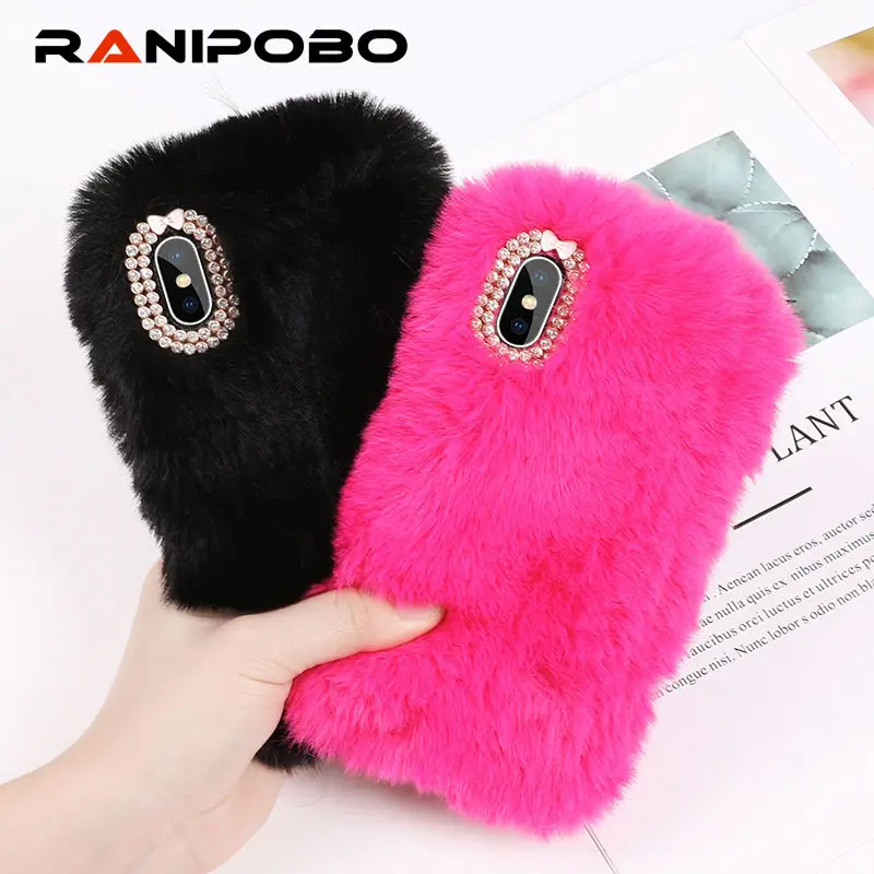 

Lovely Rabbit Fur Plush camera diamond Phone Case For iPhone X 6 6S Plus 7 7Plus 8 Plus Cute Furry Soft TPU hair Back Cover