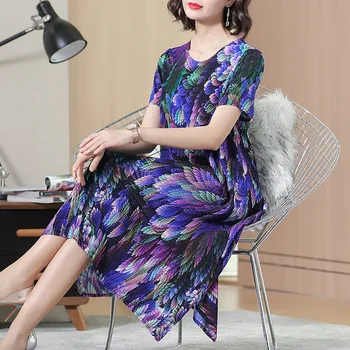 

Elegant Print Dress Female Vintage O Neck Short Sleeve Knee-length Dresses Summer Fashion Loose New A-line Dress XL-01