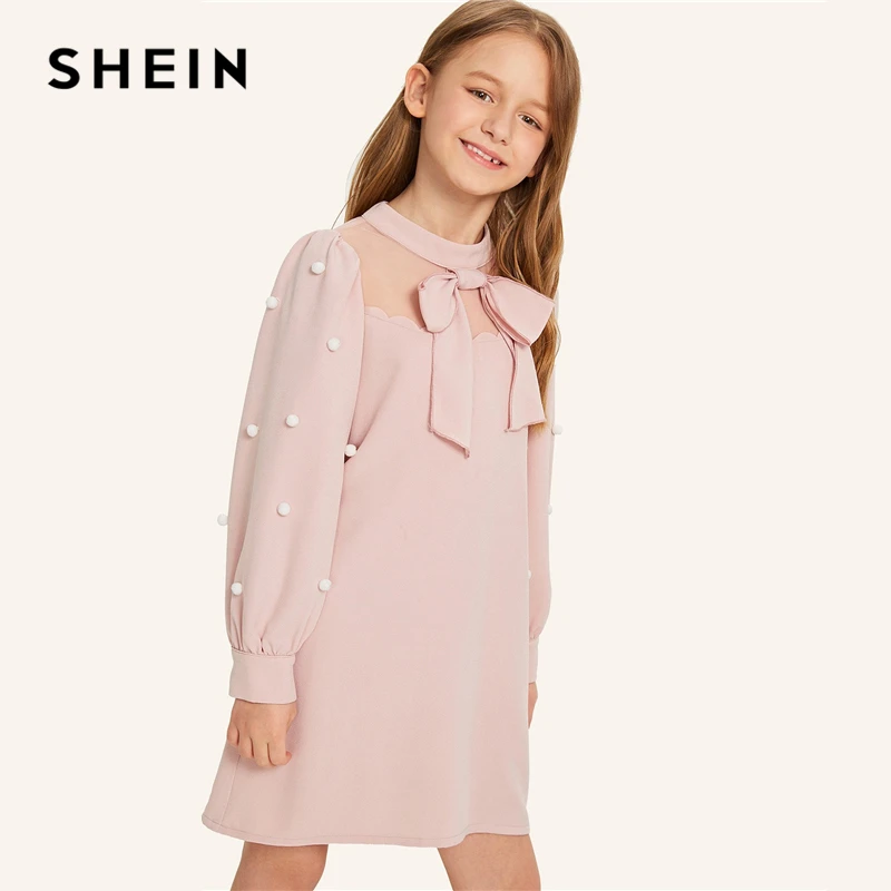 SHEIN/детское розовое Сетчатое платье с бантом спереди и жемчужинами для девочек; милое платье с помпонами; коллекция года; вечерние Детские платья-туники с воротником-стойкой и рукавами «Бишоп»