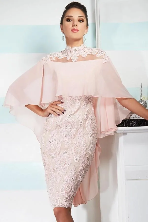 

Summer 2019 Pink High Neck with Wrap Sheer Back Lace Sheath Appliques Vestidos Knee Length Cocktail mother of the bride Dress