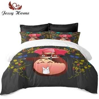 

4Pcs Bedding Set Duvet Cover Smile Totoro with Umbrella Bed Linens with Two Pillowcases Tree Flat Sheet Customize