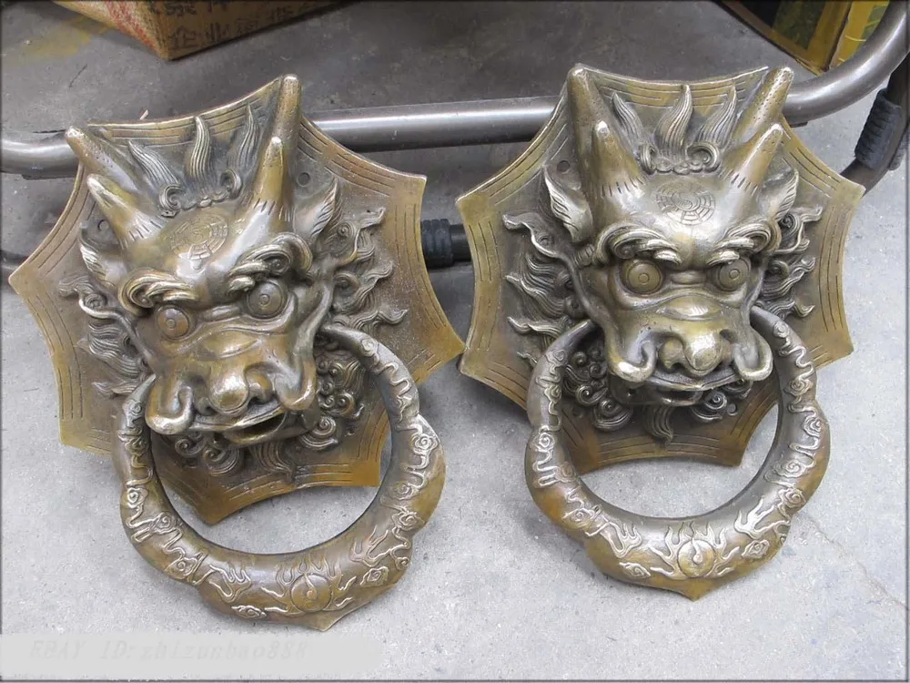 

10"Feng shui china folk bronze Dragon head knocker Knock door ring statue Pair