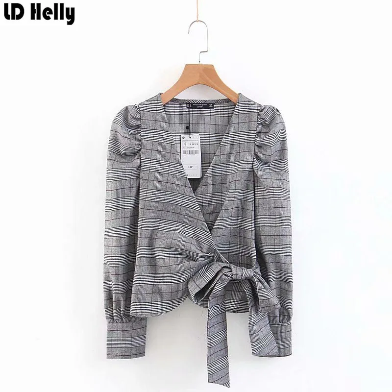 

LD Helly Autumn Spring Women Plaid Cross Wrap Shirt Bow Tie V-Neck Puff Sleeve Pleated Shirts Blouse Crop Tops Blusa Feminina