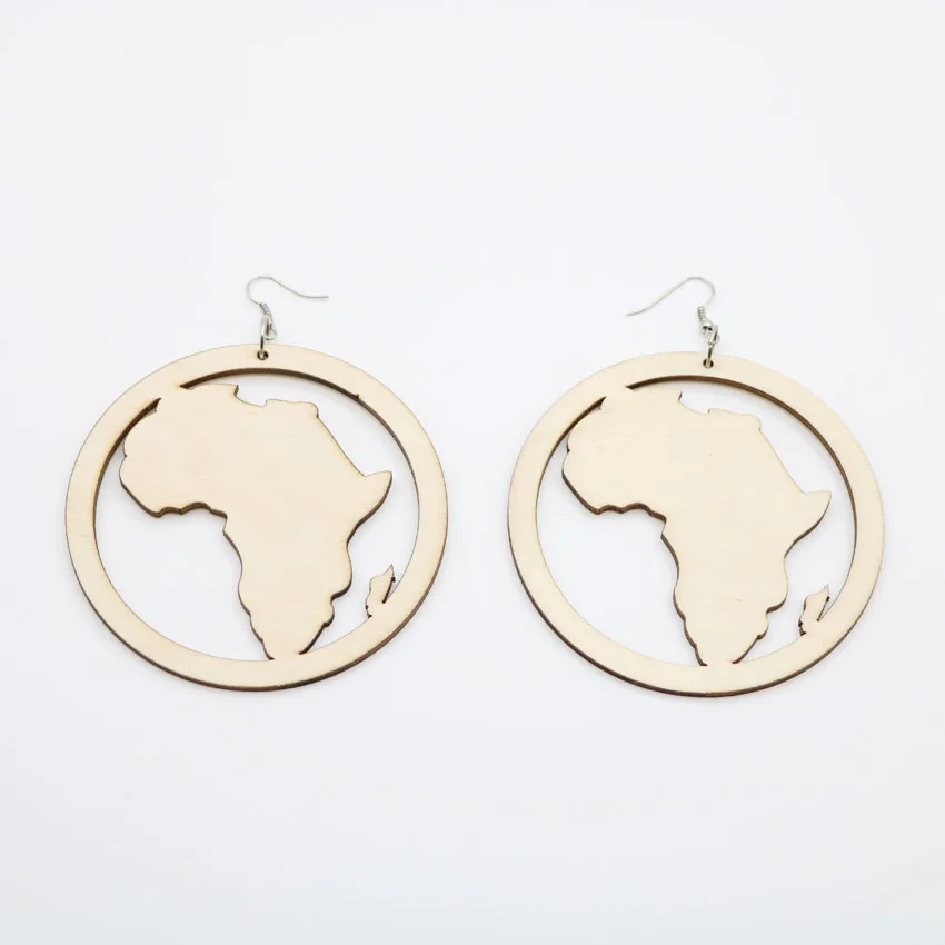 Fashion Handmade Unfinished Wood Round Africa Map Earring Wooden
