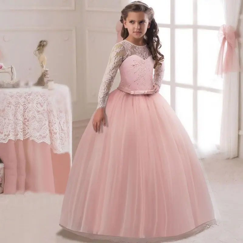 Элегантное платье принцессы для девочек возрастом от 6 до 14 лет, длинные кружевные платья из тюля для девочек-подростков на свадьбу торжественные вечерние платья для первого причастия - Цвет: Pink 3
