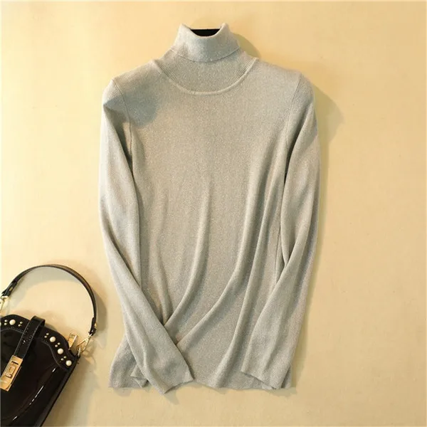 Блестящая водолазка с люрексом, свитера и пуловеры, повседневная Водолазка с длинным рукавом, пуловер, тонкие топы, Женский Высокий эластичный джемпер - Цвет: YEW02light grey