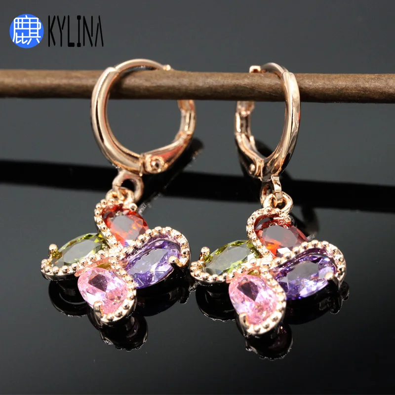 

KYLINA Lovely Colorful Four Leaf Clover Cubic Zircon 585 Rose Gold Earrings 2019 New Fashion For Women Sweet Gift Party Jewelry
