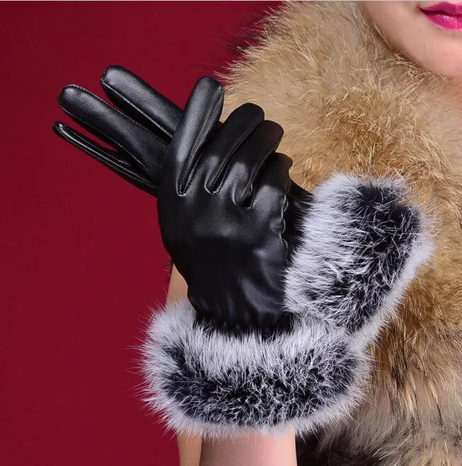 

Autumn and winter PU leather touch screen gloves plus thick velvet warm real rex rabbit fur cycling gloves women