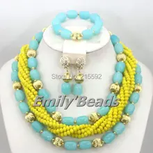 Желтое Африканское нигерийское свадебное ожерелье комплект ювелирных изделий небесно-голубой искусственный Коралл набор ювелирных украшений для невесты ожерелье CJ353
