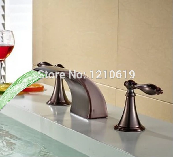 

Oil-rubbed Bronze Bathroom Tub Faucet LED Color Changing Dual Handles Mixer Valve Deck Mounted