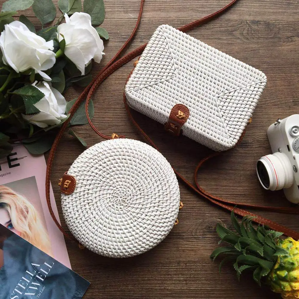 

White Round/Rectangular Straw Bag 2019 New Women Handbags Summer Rattan Bag Bali Handmade Woven Beach Shoulder Crossbody Bag