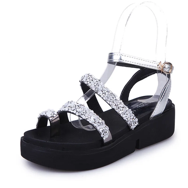 

Women Gladiator Flat Silver /Black Rhinestone Sandals Summer Shoes for Women Ladies Beach Shoes Fashion Sandals Shoes 2017