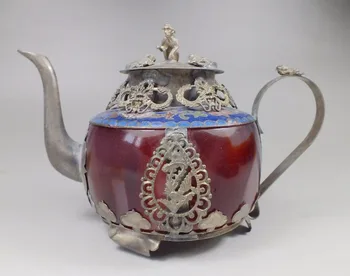 

Chinese old red jade handwork inlay tibet silver dragon teapot Arts and Crafts