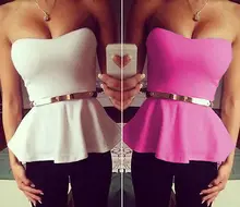Women Sexy Strapless Peplum Top Summer Tube Tank Cami Top Shirt Belted White Rose Fashion All Match Vague