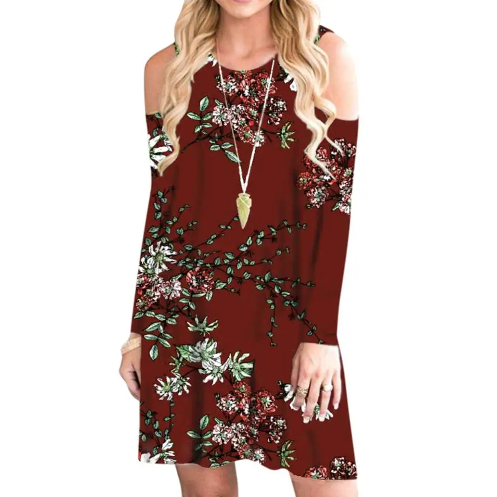 

Women dress long Sleeve Cold Shoulder Boho Flower Print summer dress plus size Pocket Mini dress vestido sexy robe femme