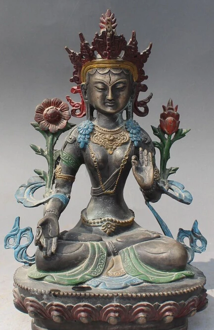 

Tibet Buddhism Bronze Silver Painting White Tara Guan Yin Goddess Buddha Statue R0707