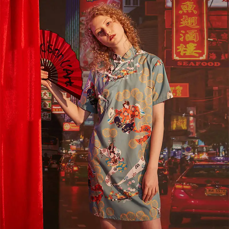 UNIFREE/платье Чонсам в китайском стиле; летнее платье в стиле ретро для девочек; Новинка года; воротник с рукавами; U192I050EE - Цвет: A2400 Turquoise