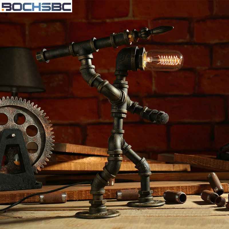 BOCHSBC Robot Design Настольные светильники Лофт Железная Труба Настольная лампа с