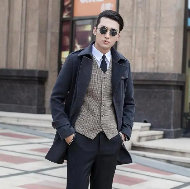 Хаки, шерстяное пальто средней длины, мужские куртки и пальто, мужские тонкие шерстяные зимние однобортные тренчи, подростковые пальто размера плюс S-9XL - Цвет: Темно-серый