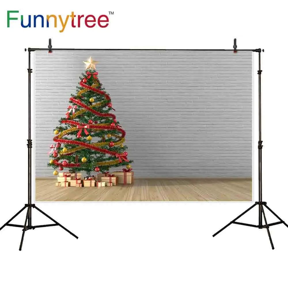 Funnytree christmas photo background white Brick wall pine tree
decoration gift Wooden floor indoor blank photography backdrops