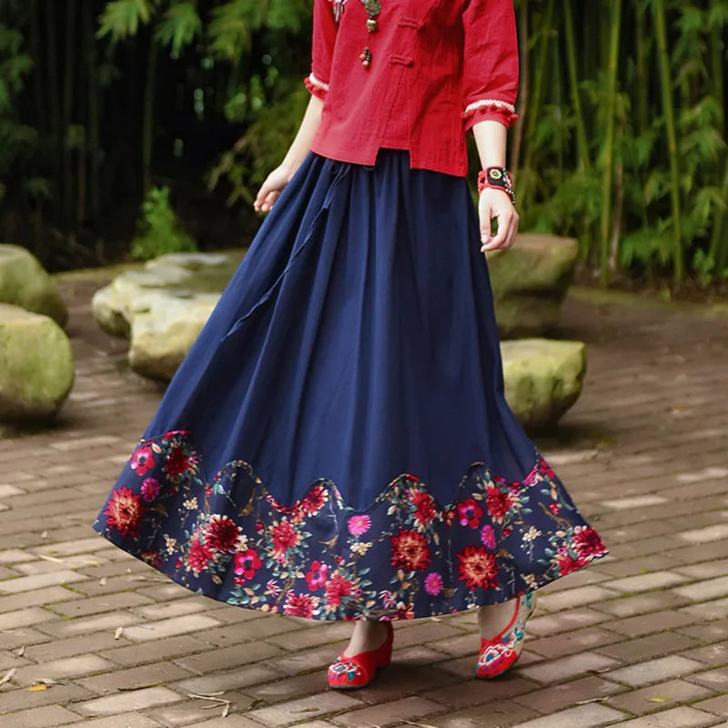 

2019 spring literary retro A word skirt national style women's cotton and linen printed skirt large swing long skirt/Embroidery