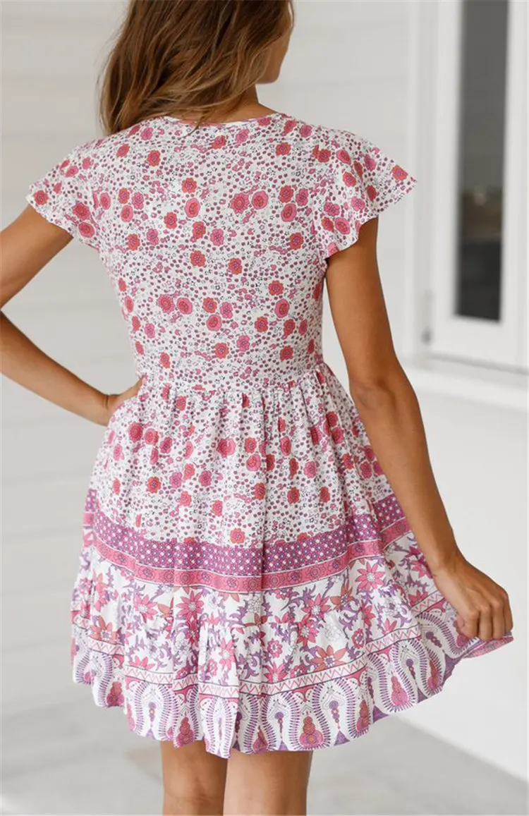 Gladiolus Fashion Summer Women Dress Short Sleeve Button Deep V Neck Sexy Floral Print Mini Boho Dress 2019 Ladies Beach Dresses (29)
