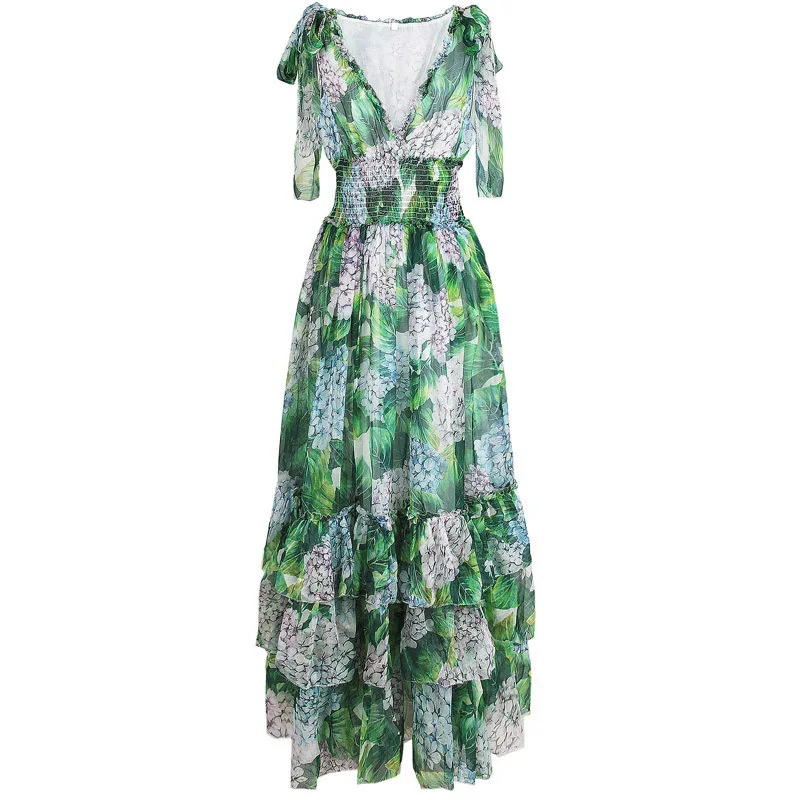 CAMIA Summer Green Layered Floral Print Dress V