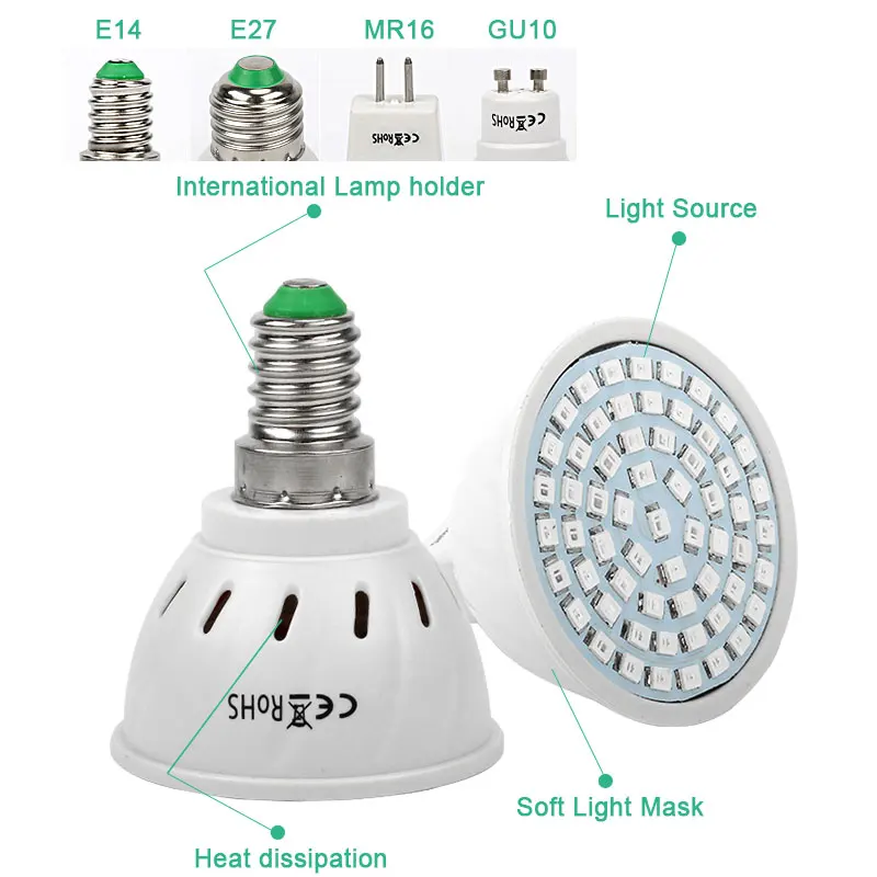 Полный спектр E27 E14 GU10 MR16 Светодиодный светильник 220 в 240 В светодиодный светильник для выращивания растений и гидропоники