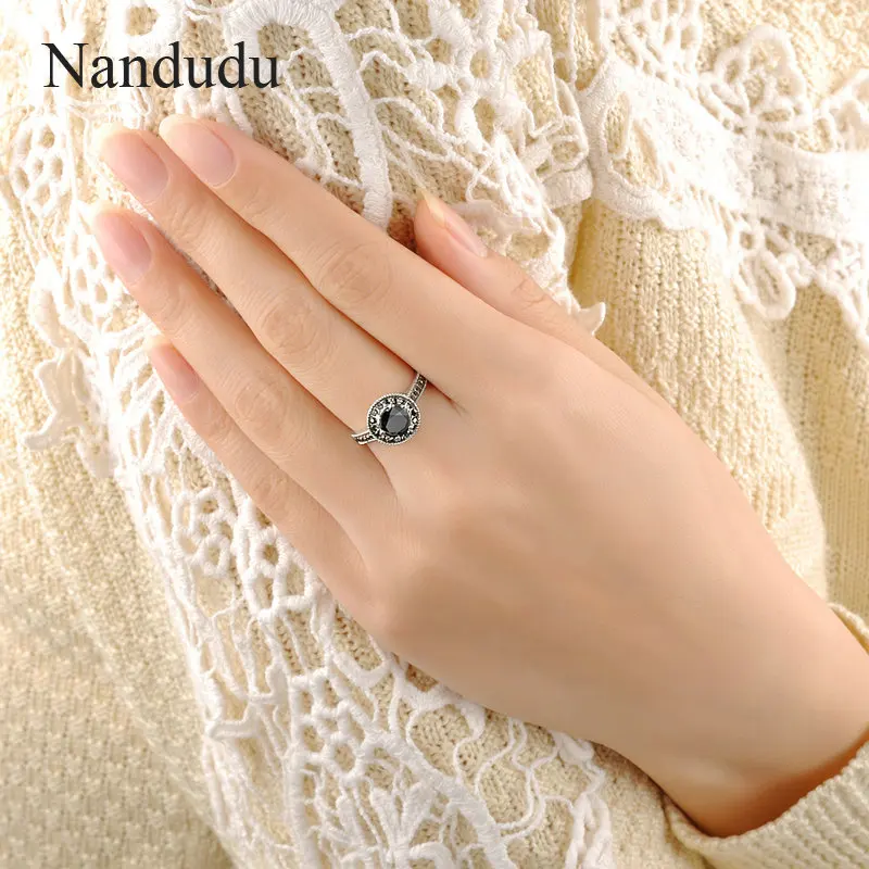 Nandudu винтажное марказитовое кольцо с черным австрийским кристаллом, кольца, серьги, ювелирные наборы, модное ювелирное изделие, подарок для женщин и девочек R584 CE576