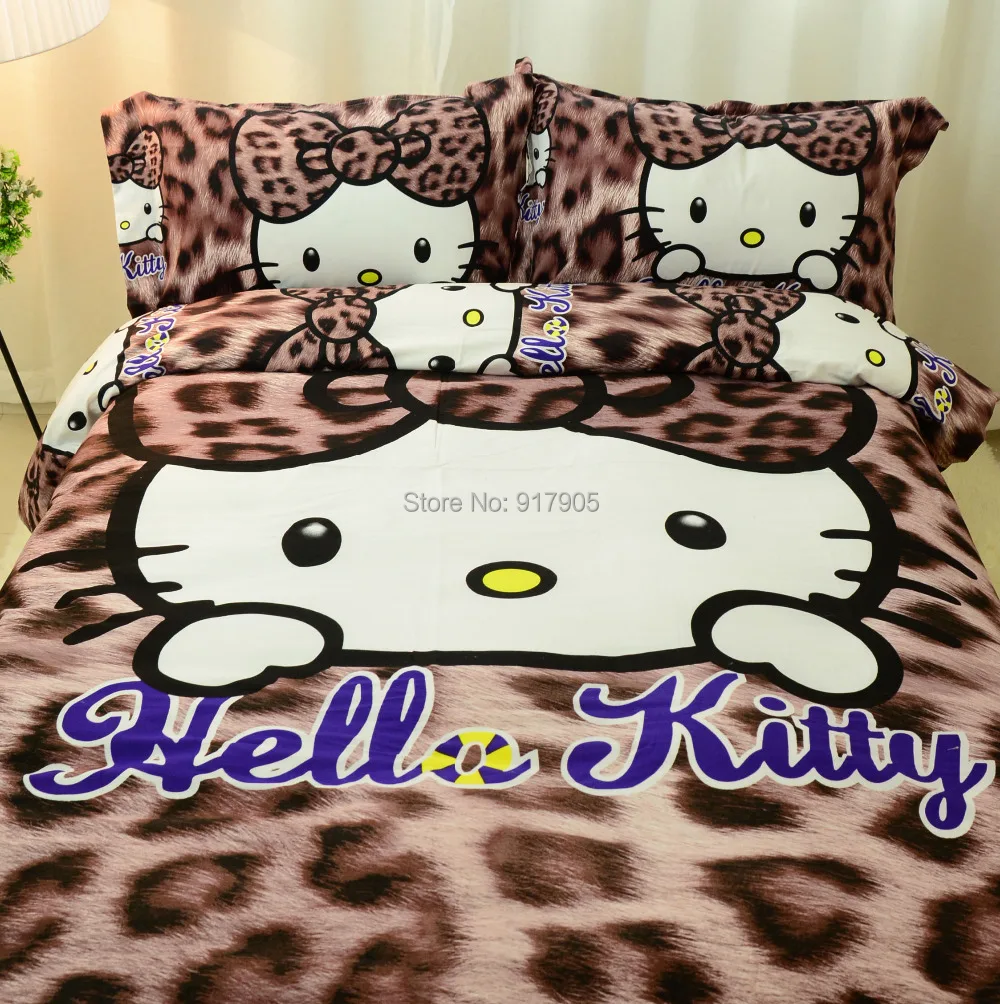 Free Shipping Leopard Print Comforter Bedding Set, Cute Hello Kitty