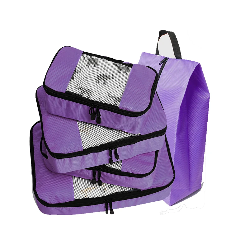 

4 Set Packing Cubes/Travel Cubes Travel Organizers with Shoe Bag (Grey)(Red)(Green)(Violet) Overnight Bag Duffle Bags