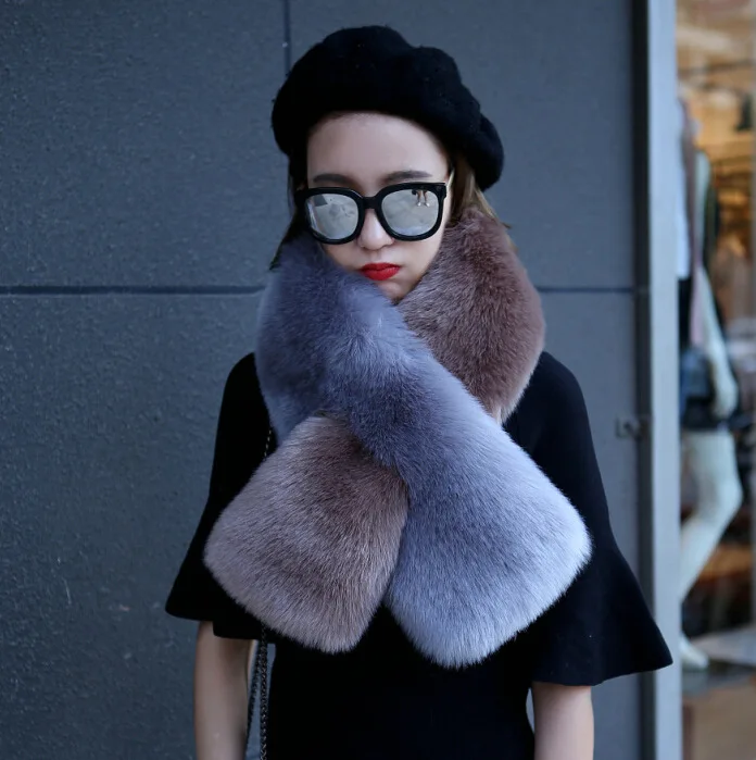 

New Winter Women Scarf Korean Version Warm Color Matching Fox Fur Double Color Block Fur Collar Cross Scarf For Ladies SN191