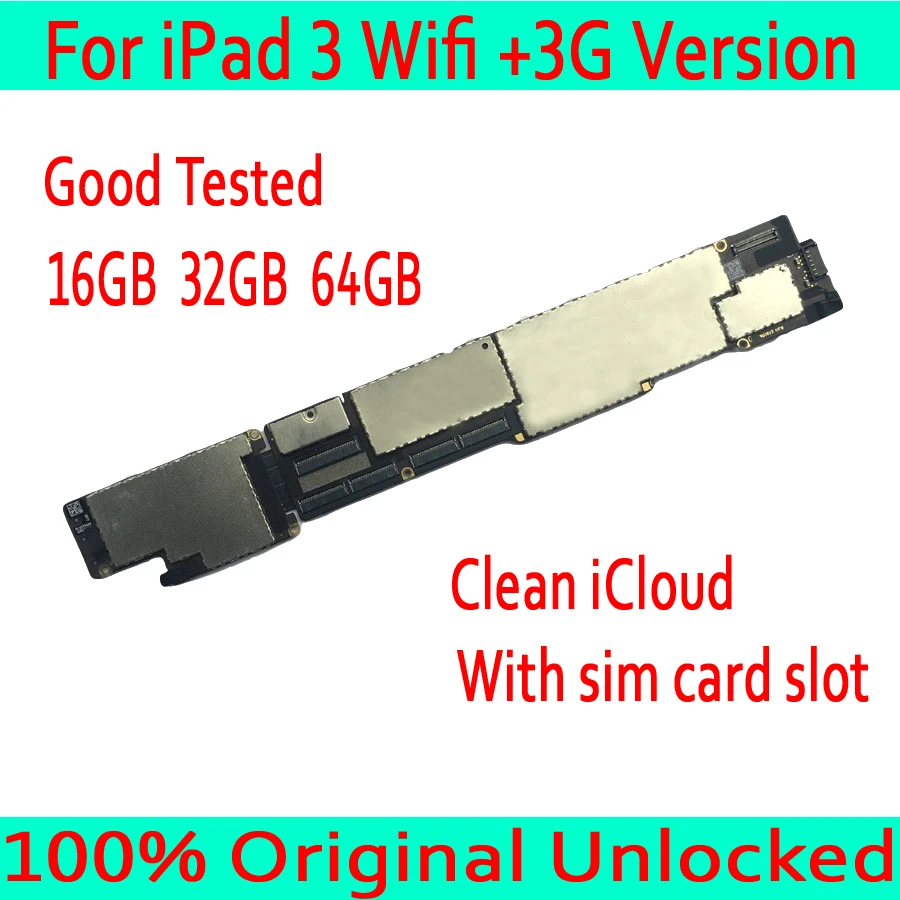 

For iPad 3 wifi+3G version Motherboard 16GB 32GB 64GB,Clean iCloud Original Unlocked for Ipad 3 Mainboard With sim card slot