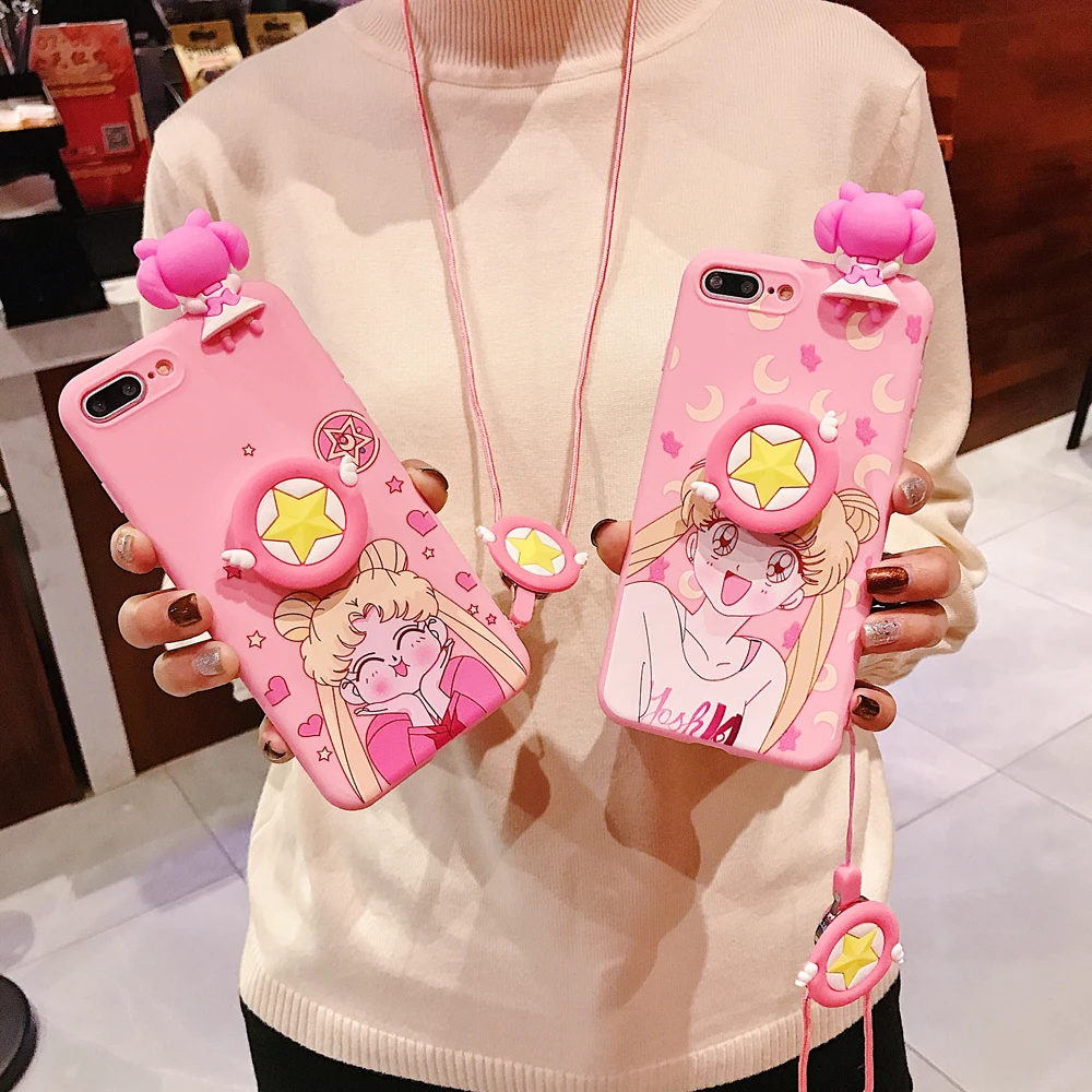 

Fashion Cute Cartoon Sailor Moon 4 in 1 Case+Lanyard+Holder+Doll For iphone 6 s 7 8 8Plus X XS XR MAX Soft Silicone Phone Cover