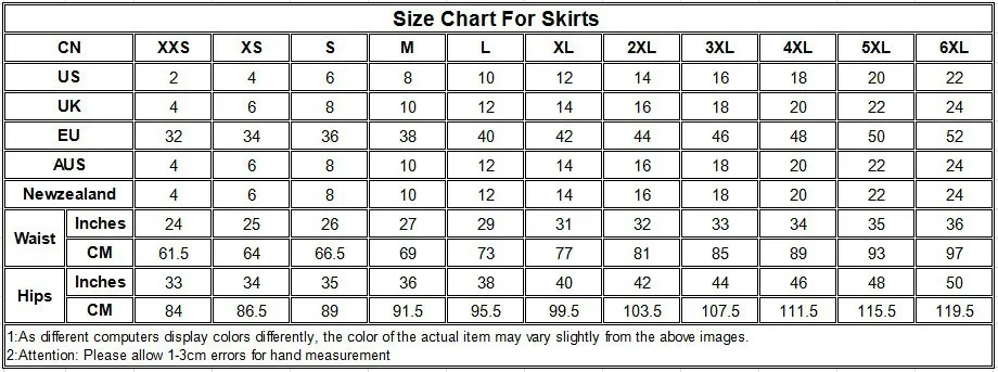 Size Chart for Skirts