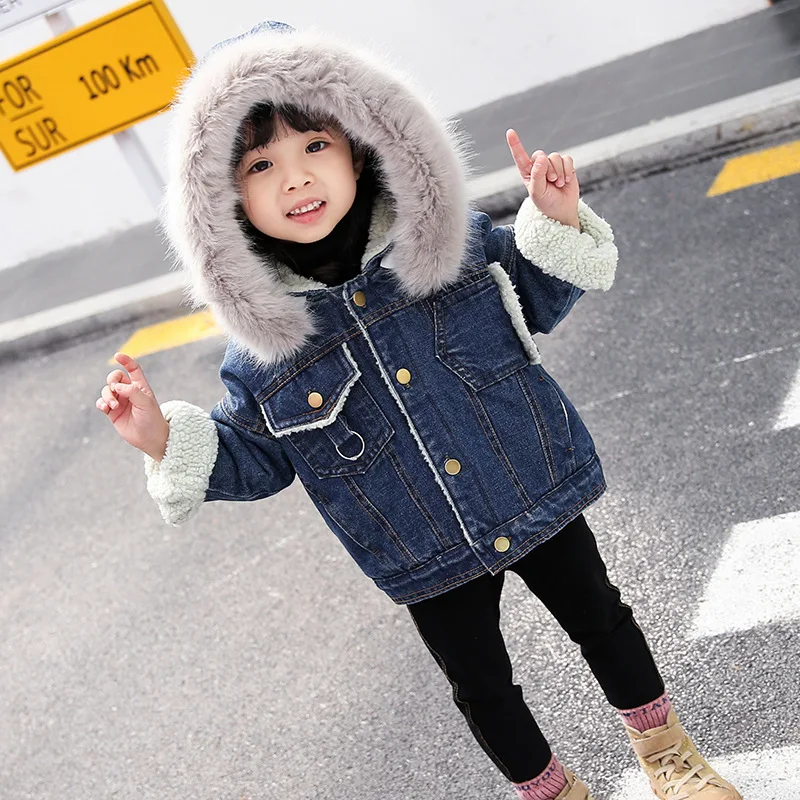 

Girls Jackets And Coats Winter Kids Outerwear With Fur Collar Hooded Denim Boys Jacket Thick Warm Children Jacket For Girls
