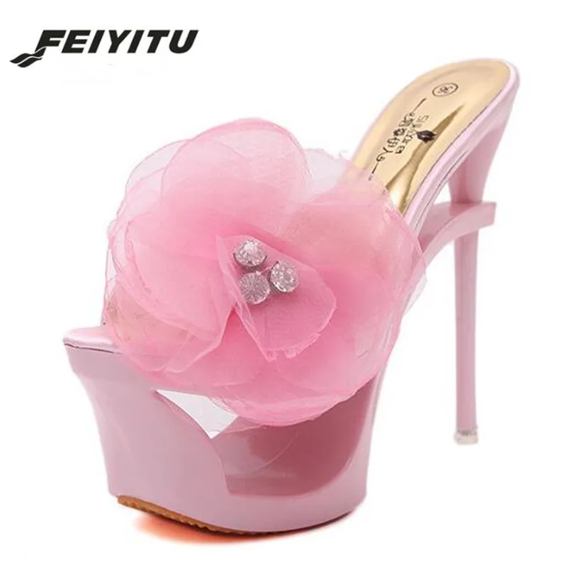 Женские шлепанцы на высоком каблуке 16 см FeiYiTu Клубные Босоножки платформе с