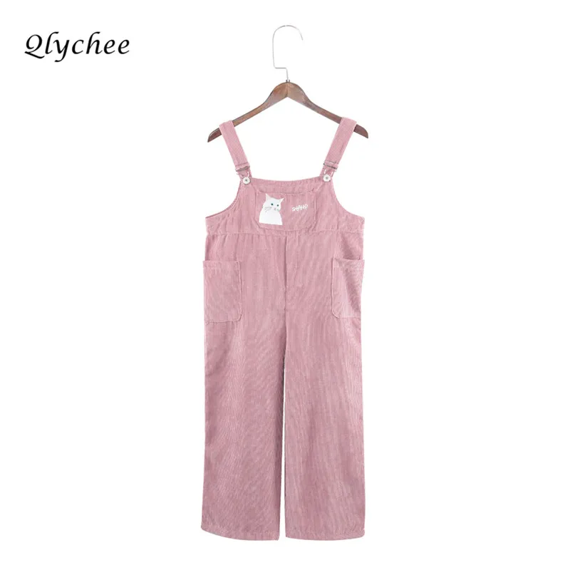 Qlychee Sweet Cat Print Overalls Jumpsuits for Women 2017 Boot Cut