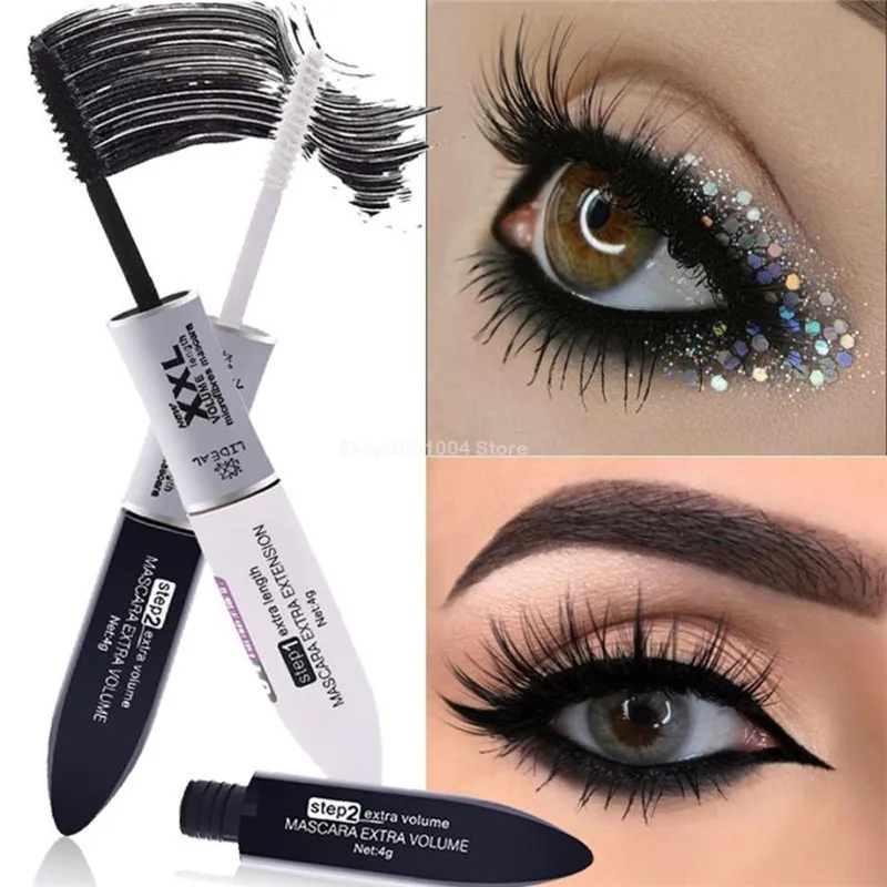 Harga 2 In 1 4D Serat Sutra Lash Mascara Maskara Hitam Tahan Air Serat Sutra Volume Double Memanjang Curling Maskara Mata