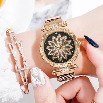 

Luxury Rhinestone Flower Ladies Wristwatches Women Fashion Magnetic Watches Woman Quartz Clock With Stainless Steel Mesh Strap
