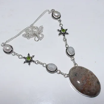 

Jaspers & Peridot & Biwa Pearls Necklace Silver Overlay over Copper, 55cm, N1683