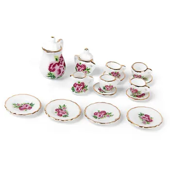 

Hot sale 15 pieces Porcelain tea set Dollhouse miniature foods Chinese rose dishes cup