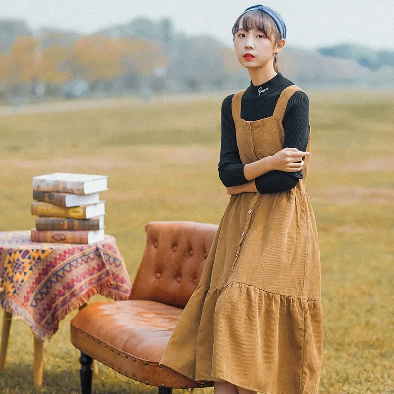 Mori Girl винтажный сарафан 2019 Новая мода осень зима женские длинные вельветовые