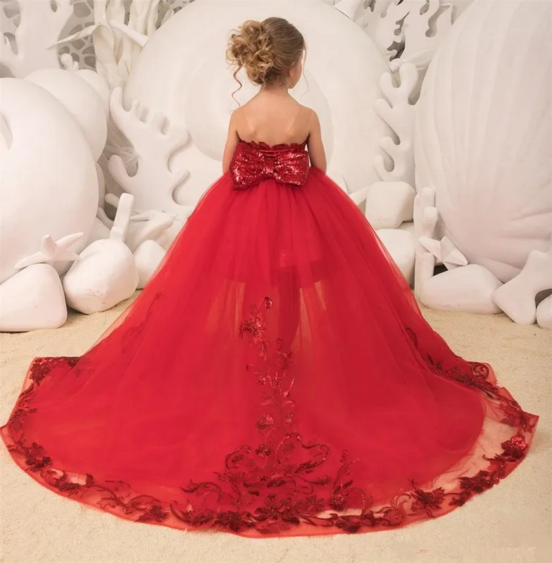 US $80.64 Sparkle Sequins Red Flower Girls Dresses Tulle Appliques Bow Ball Gown Detachable Train Kids Party Princess Pageant Платье 2021