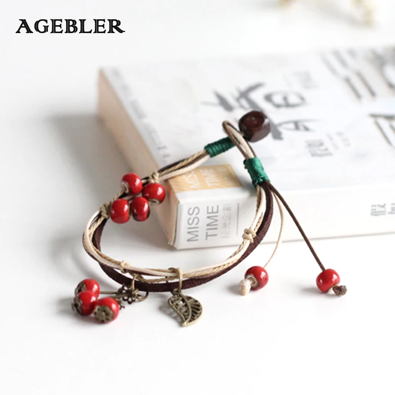 

2018 Fashion Bohemia Style Handmade Ceramic Bracelet Red Cherry Pendant Double Layer String Rope Chain Jewelry for Women Girl