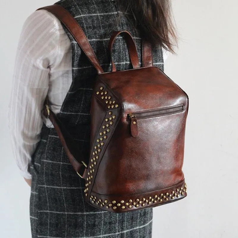 2017 Women 100 Genuine Vegetable Tanned Leather Backpacks Women Genuine Leather Vintage