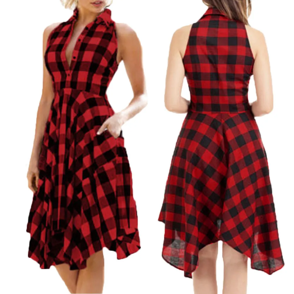 

Elegant dress Women Vintage Bodycon Plaid party dress Sexy Summer Sleeveless Zipper Irregular Hem Dress robe femme vestidos