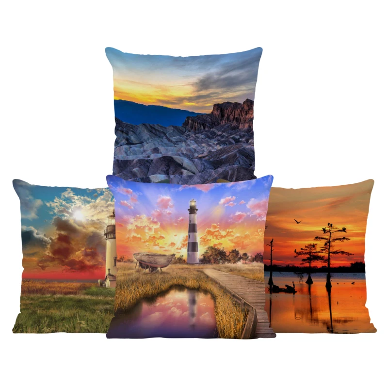 

Ocean Style Pillow Covers Sunset Beach Landscape Cushion Cases Palm Trees Throw Pillows Lighthouse Seagull Sofa Decor Peach Skin