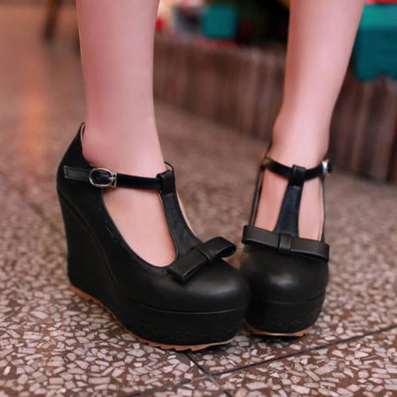 

US4-11 Womens Round Toe Bowknot T-strap Wedge High Heel Pumps Platform Muffin Shoes Lolita Sweet Mary Janes Plus Size A673