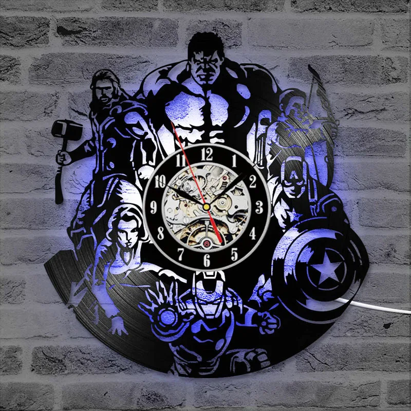 Мстители Виниловая пластинка настенные часы с 7 цветами изменение Marvel Comics светодиодный настенные часы Железный человек и Капитан Америка и Тор Подвесные часы